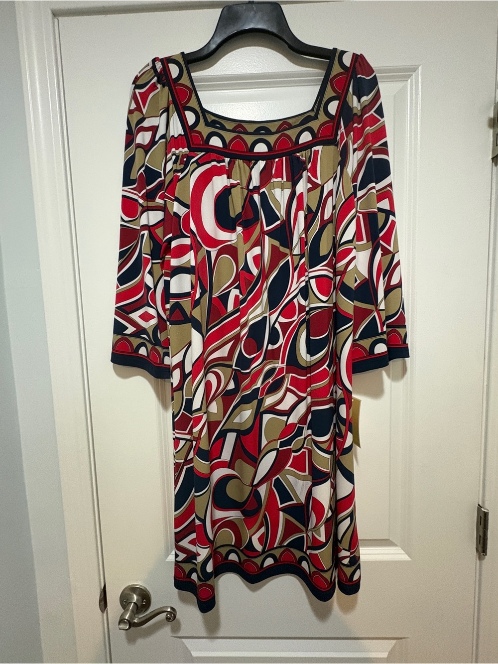 MK Abstract Print Square Neck Dress in Red, Navy, White and Tan
